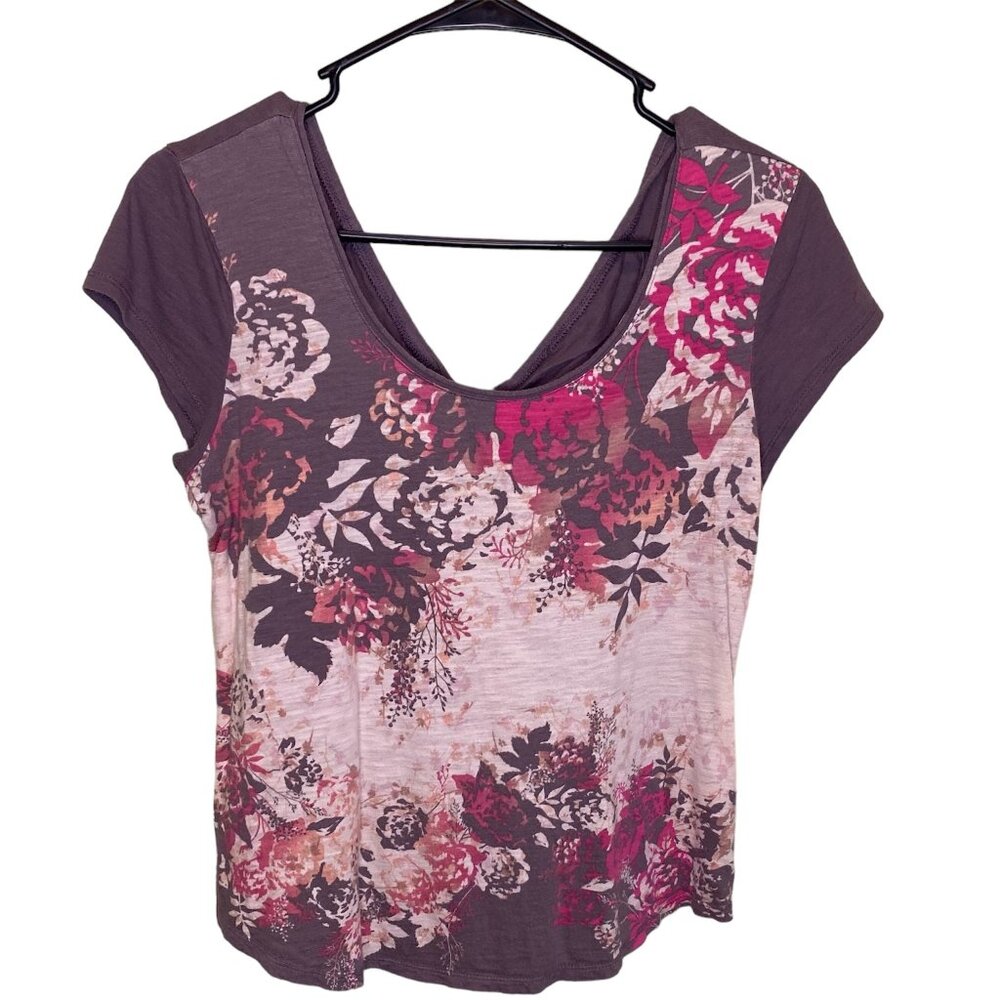 Lauren Conrad Floral Cotton Blend Short Sleeve Gray Top Summer Beachy | Size S